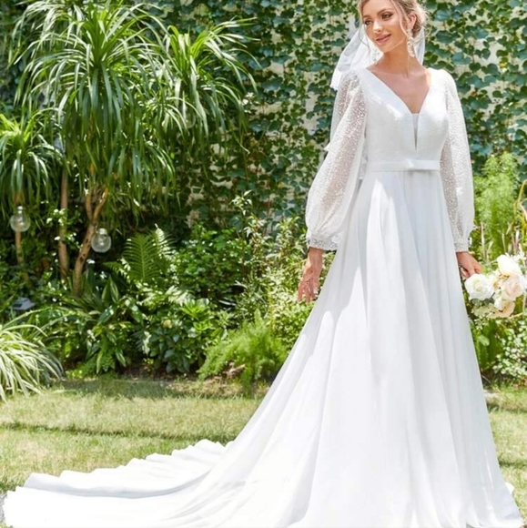 Contrast Mesh V-Neck Lantern Sleeve Chiffon Wedding Dress white - Picture 5 of 10